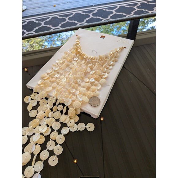 ZARA Bib Necklace Pearlescent Shell Waterfall Ecru Cream White Beach Coastal NEW - Picture 8 of 16